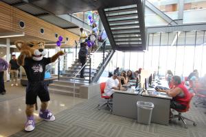 "Roary" greets students in Estrella Hall Computer Commons